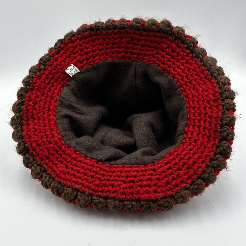 Crochet Red/Brown Knit Cloche Bucket Hat Women Winter Beanies Cap w flower Lined - Picture 4 of 10